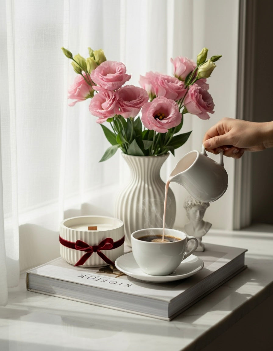 Handmade soy candle with wooden wick and pink flowers on books by the window — Cozy Sweet Home natural aromatherapy candle