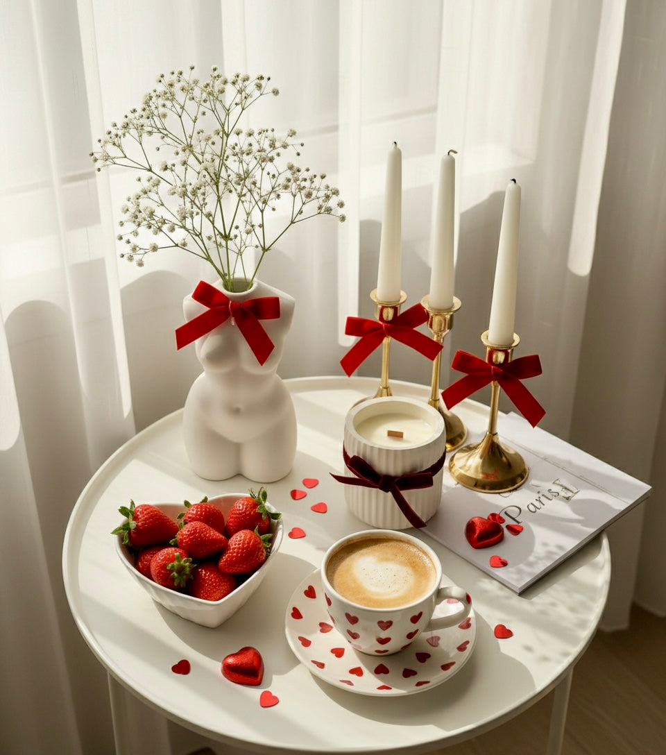 Cozy Sweet Home soy candle with wooden wick surrounded by strawberries — handmade home décor candle