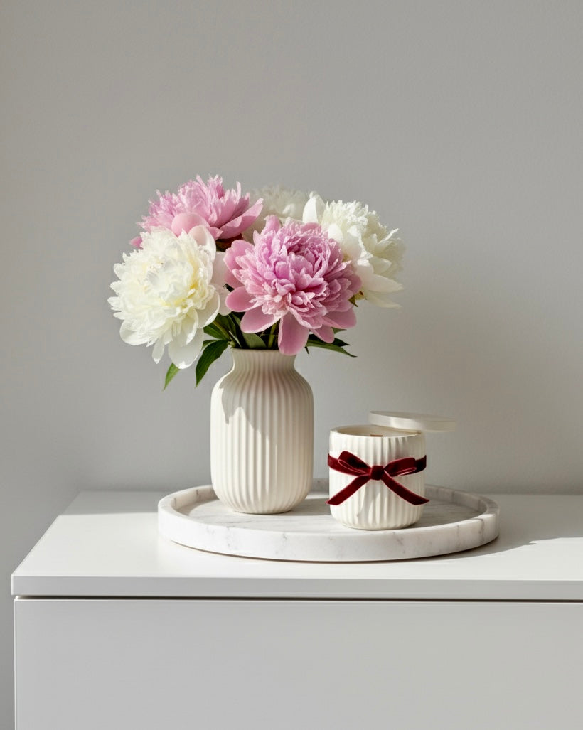 Handmade soy candle with red ribbon and white flowers — Cozy Sweet Home gift candle