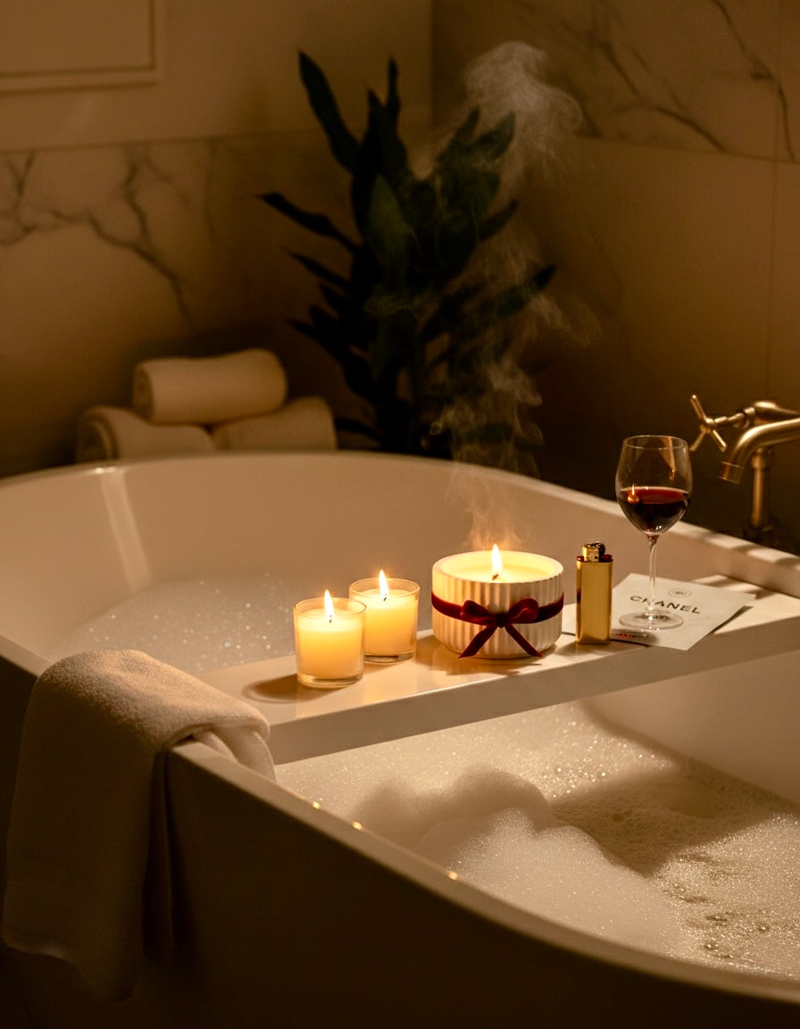 Handmade soy candle centerpiece on elegant white table with wine glasses — Cozy Sweet Home home fragrance candle