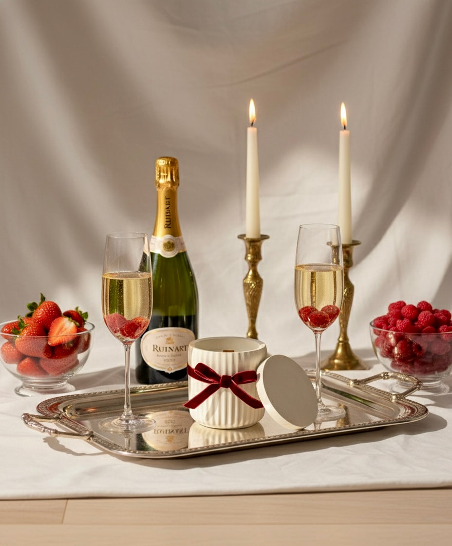 Wooden wick soy candle on cozy evening table with golden candlesticks — Cozy Sweet Home