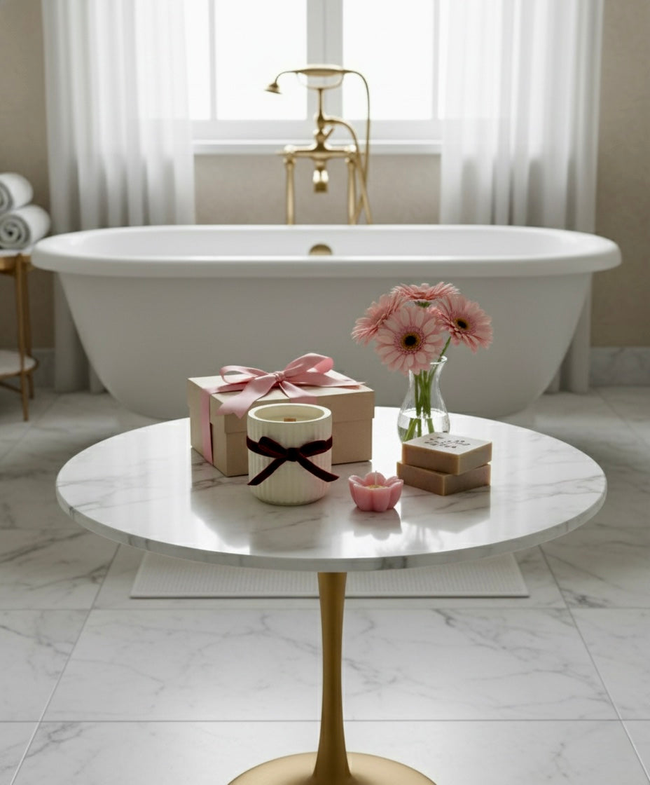 Handmade soy candle centerpiece with flowers and champagne glasses — Cozy Sweet Home home décor