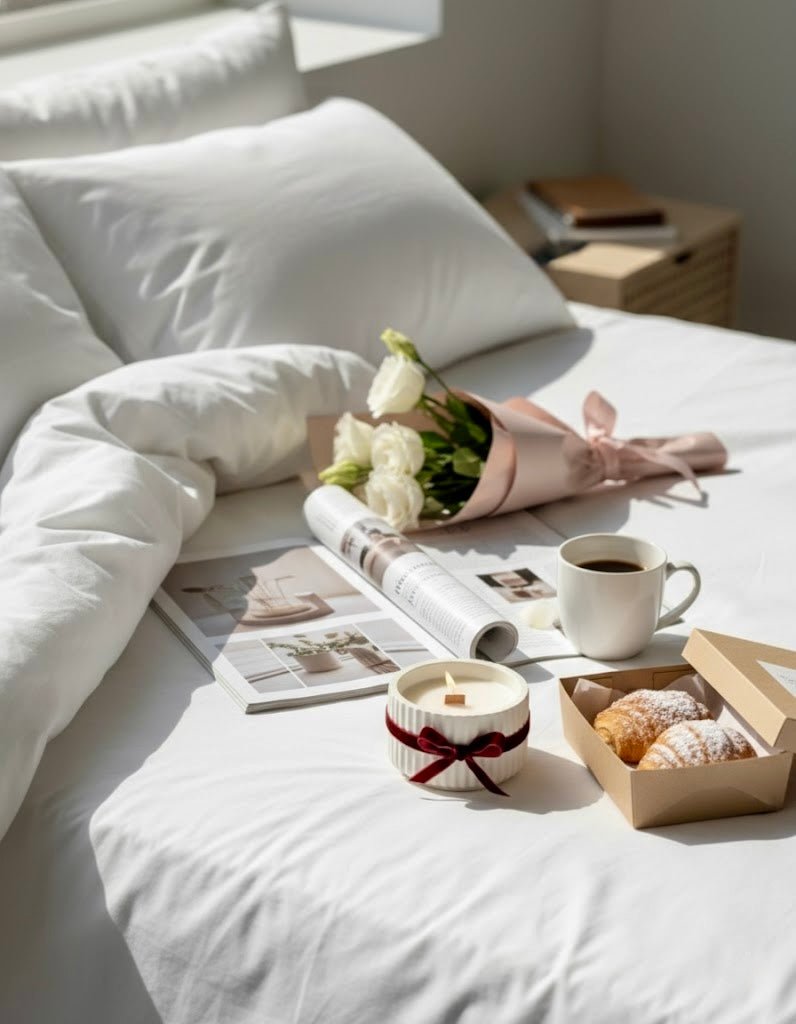 Cozy Sweet Home handmade soy candle with wooden wick on bed — relaxing home décor and self-care candle