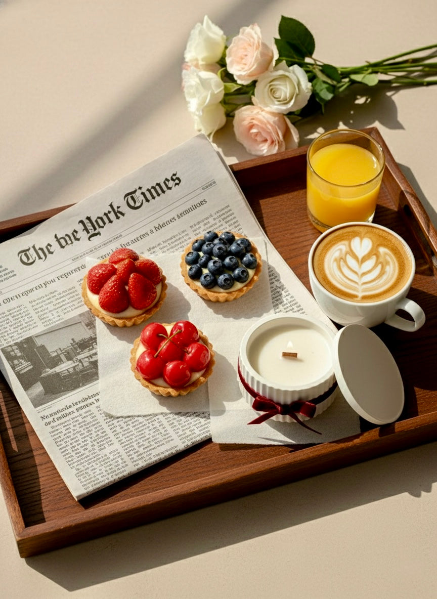 Handmade soy candle with wooden wick on book and dessert plate — Cozy Sweet Home cozy evening setup